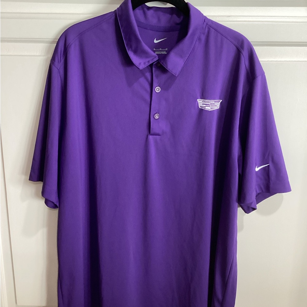 Nike golf Cadillac polo shirt, vibrant purple, XL, Nike swoosh on sleeve